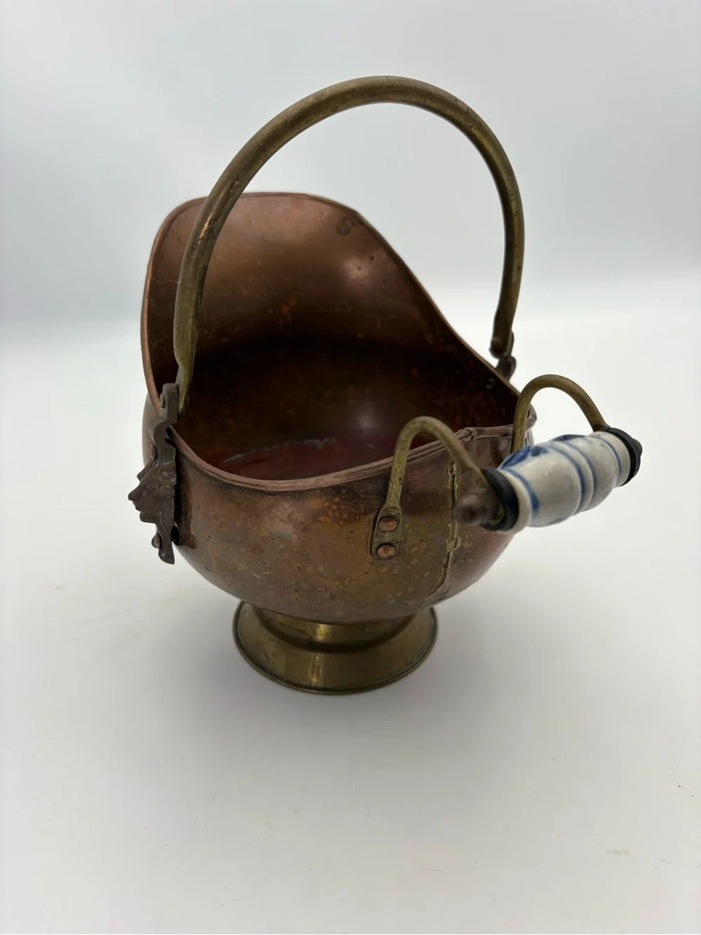 Vintage Copper Coal Scuttle with Brass and Blue and White Porcelain Handle
